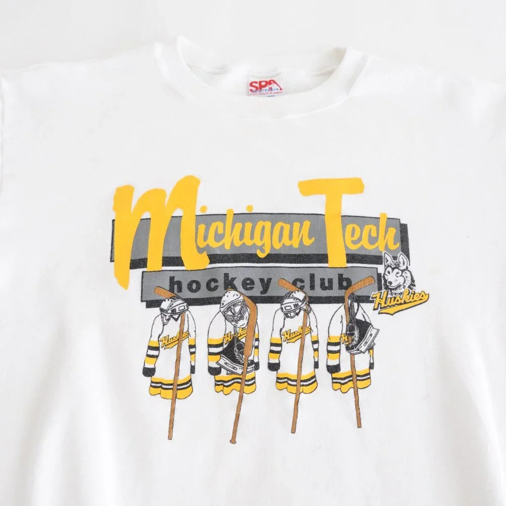 VTG 90S Spa Sportswear MI Tech Hockey Huskies White And Yellow Crew Neck Sweater - Picture 9 of 11